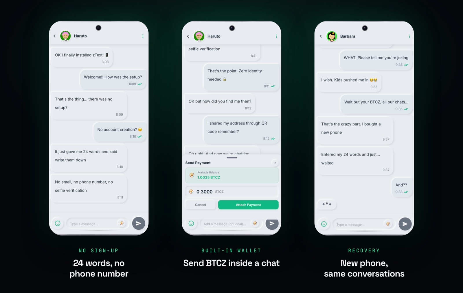 Three Z-TEXT screens: a chat about setting up with only 24 words, a BTCZ payment attached to a conversation, and a chat about restoring everything on a new phone
