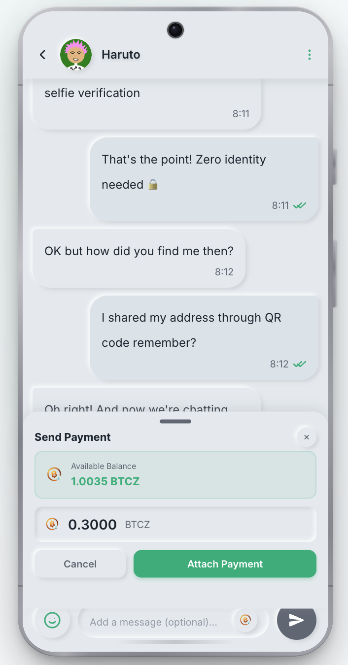 Z-Text integrated BTCZ payment feature